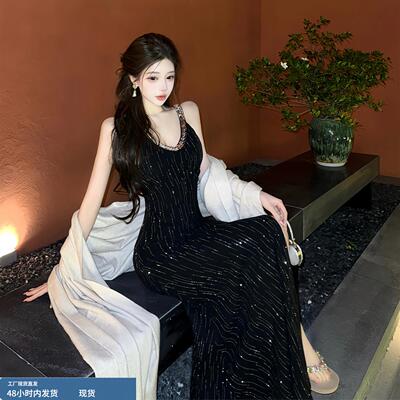 江浙沪富家千金穿搭赫本风v领挂脖宴会连衣裙出席重要场合礼服裙