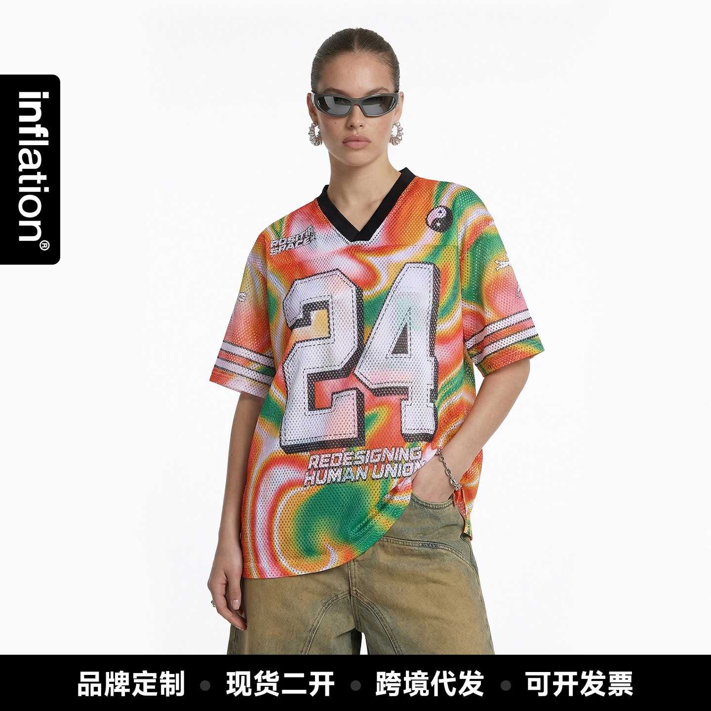 捷展男装|美式印花网洞棒球短袖2026春夏新品街头潮牌网眼透气T恤