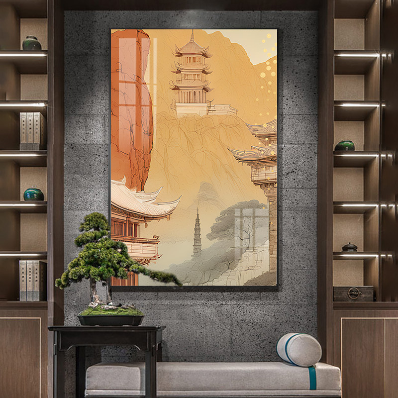 中式装饰画家居客厅墙壁挂画入户玄关过道古典建筑风景高档晶瓷画图片