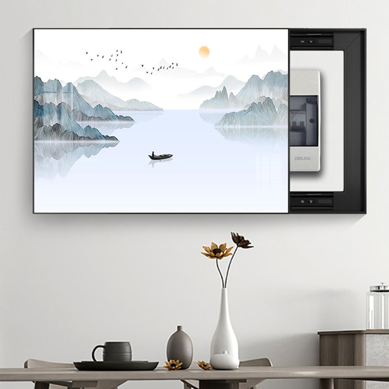 新中式电表箱装饰画免打孔水墨风景客餐厅挂画强弱电源开关遮挡画