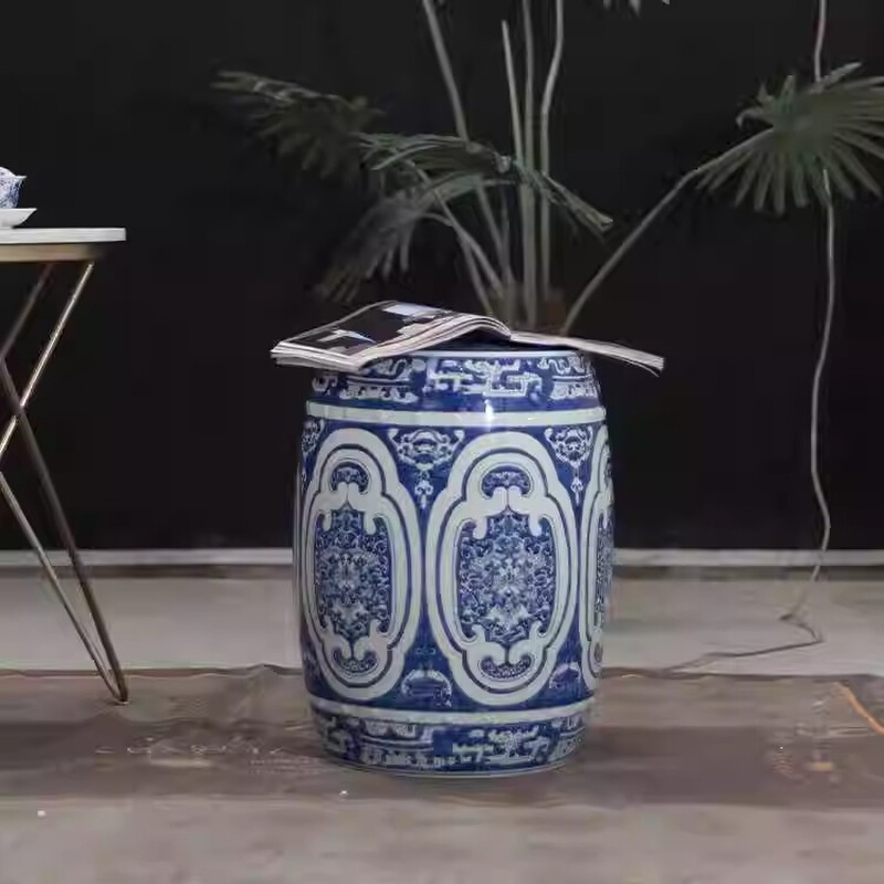 手绘青花瓷缠枝莲换鞋凳鼓凳梳妆凳新古典仿古鼓墩坐墩矮凳圆凳