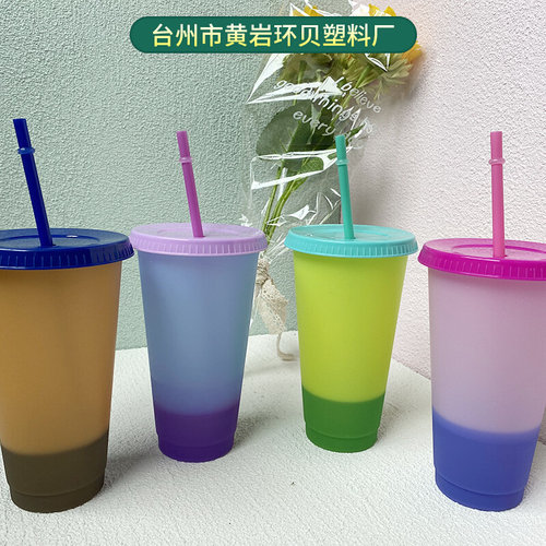 厂家直供pp塑料吸管杯700ml大容量闪粉变色杯可定质超大密封防漏