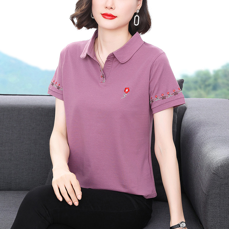妈妈装2024夏装新款洋气翻领短袖t恤宽松polo衫中老年女士上衣