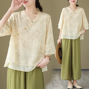 2025夏装新款中年妈妈新中式轻国风套装洋气时尚宽松阔腿裤两件套