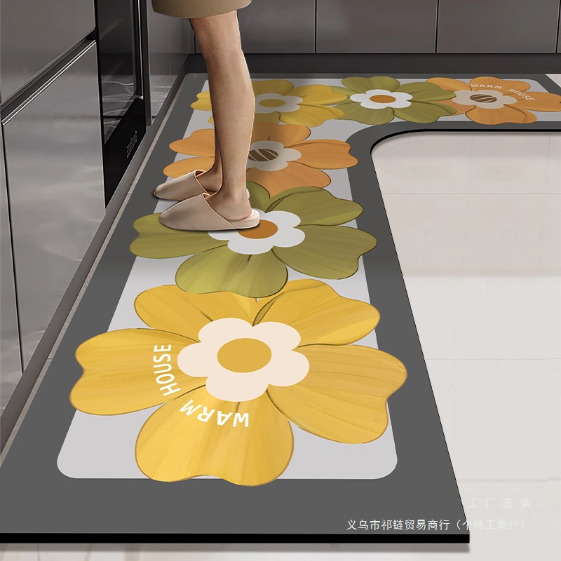 小花厨房L形地垫防滑防油吸水垫门口脚垫防水可擦免洗地毯地毯垫