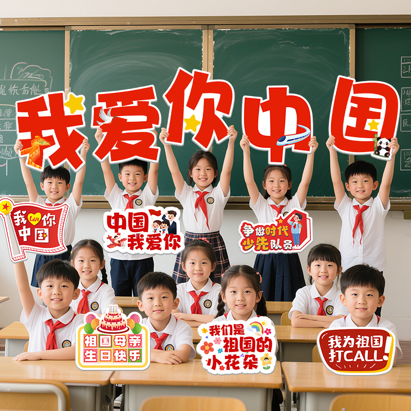 国庆节KT板手举牌学校幼儿园小朋友活动商场店铺氛围装饰布置