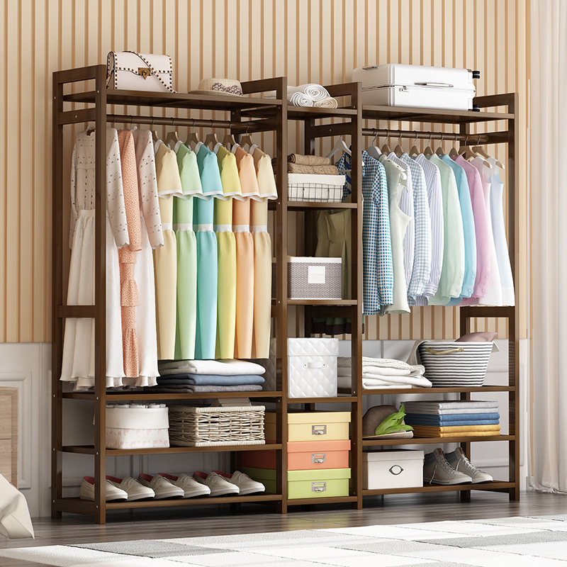 实木衣帽架卧室落地挂衣架简易衣服包置物柜子家用简约现代衣柜w&