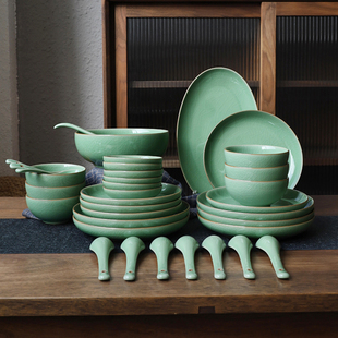 龙泉青瓷餐具碗碟套装哥窑冰裂纹43件盘子家用组合吃饭碗盘子汤碗