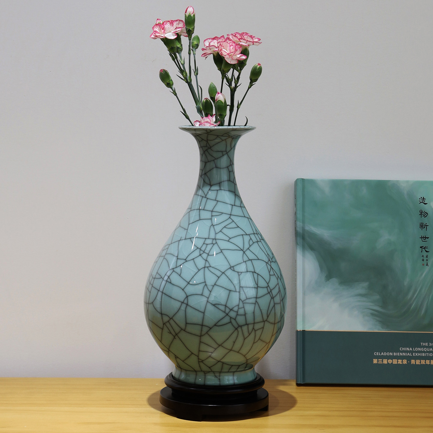 龙泉青瓷哥窑玉壶春瓶新中式手工开片花瓶客厅装饰摆件插花瓶收藏