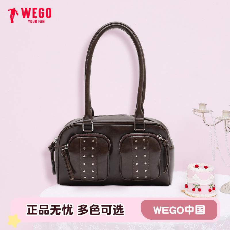 WEGO立体口袋铆钉波士顿包多口袋时尚手提包腋下包女秋冬新款包包