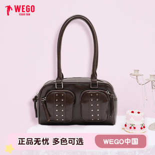 WEGO立体口袋铆钉波士顿包多口袋时尚手提包腋下包女秋冬新款包包
