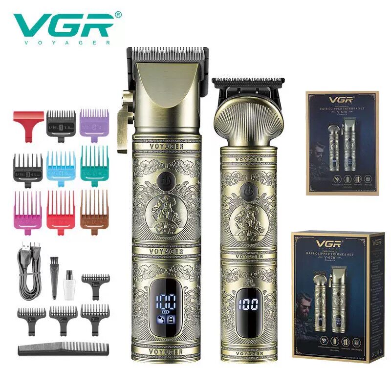 VGR670跨境新款批发充电电动数显理发器套装复古油头雕刻电推剪