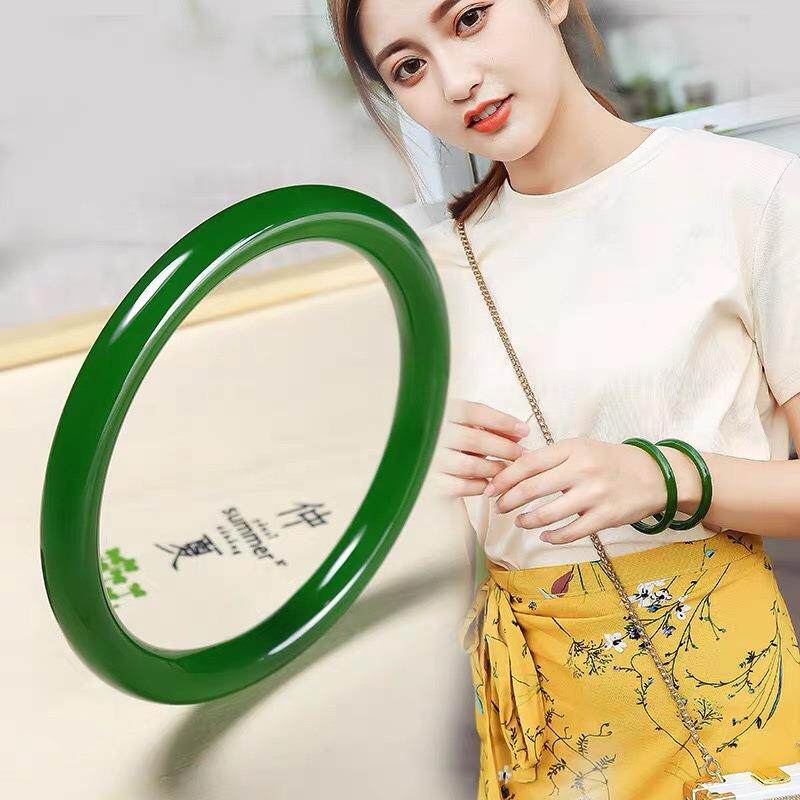 2026T纯新疆和田外蒙碧玉手镯细条女款老坑菠菜绿少女碧玉圆条玉