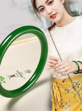 2026T纯新疆和田外蒙碧玉手镯细条女款老坑菠菜绿少女碧玉圆条玉