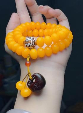 2026黄色菩提拼接小福锁吊坠双圈手串佛珠文玩菩提子情侣手链