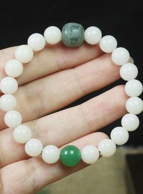 2026白玉菩提8mm手串手链 绿阴皮桶珠六字箴言手串男女款念珠文玩