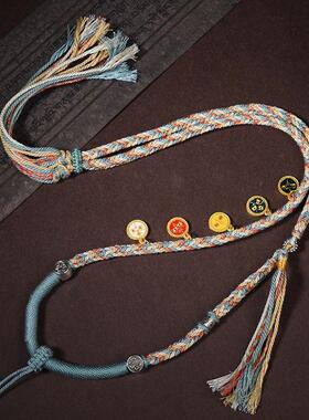 2026藏式手搓棉绳五路财神项链绳天珠手绘唐卡五路财神编制吊坠绳