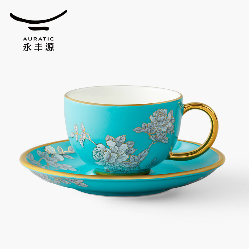 国瓷永丰源 夫人瓷水墨牡丹2头咖啡杯碟 陶瓷茶杯150ml