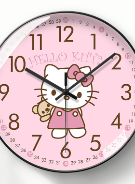 粉色公主房挂钟卡通钟表女生可爱kt猫时钟凯蒂猫儿童房电波钟静音