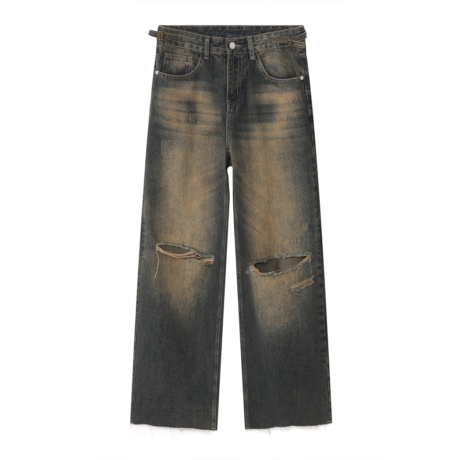 Ripped Jeans2023夏款新品港风复古做旧铁锈土色破洞毛边牛仔裤男
