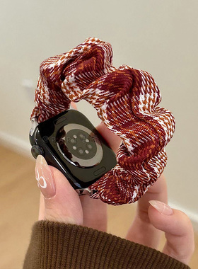 秋冬弹力格纹大肠圈女款适用iwatch10苹果表带applewatch98765se