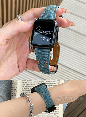 简约百搭牛仔磁吸扣适用iwatch10苹果手表带applewatch9876SE小众