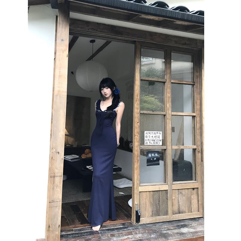 【下周六】女夏季辣妹清冷感连衣裙边包臀长裙深V蕾丝鱼尾吊带裙