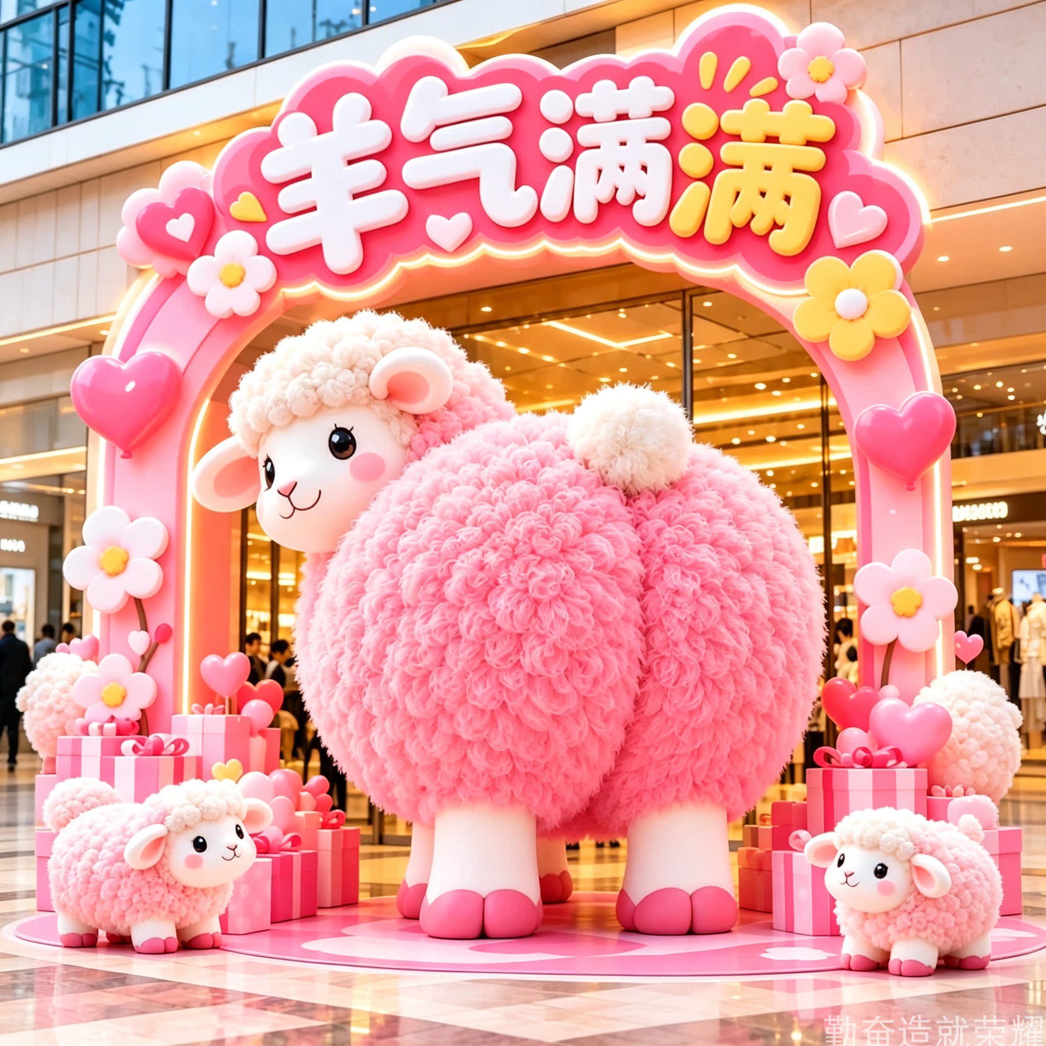 网红羊气满满卡通小羊美陈商场粉色拱门新年打卡场景装置装饰定制