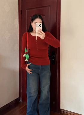 Chestnut 12.31 20:00新款4色显瘦半纽扣套头圆领长袖针织打底衫