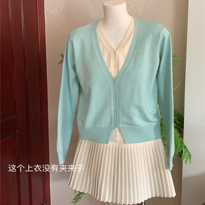 撞色假两件V领针织开衫外套长袖