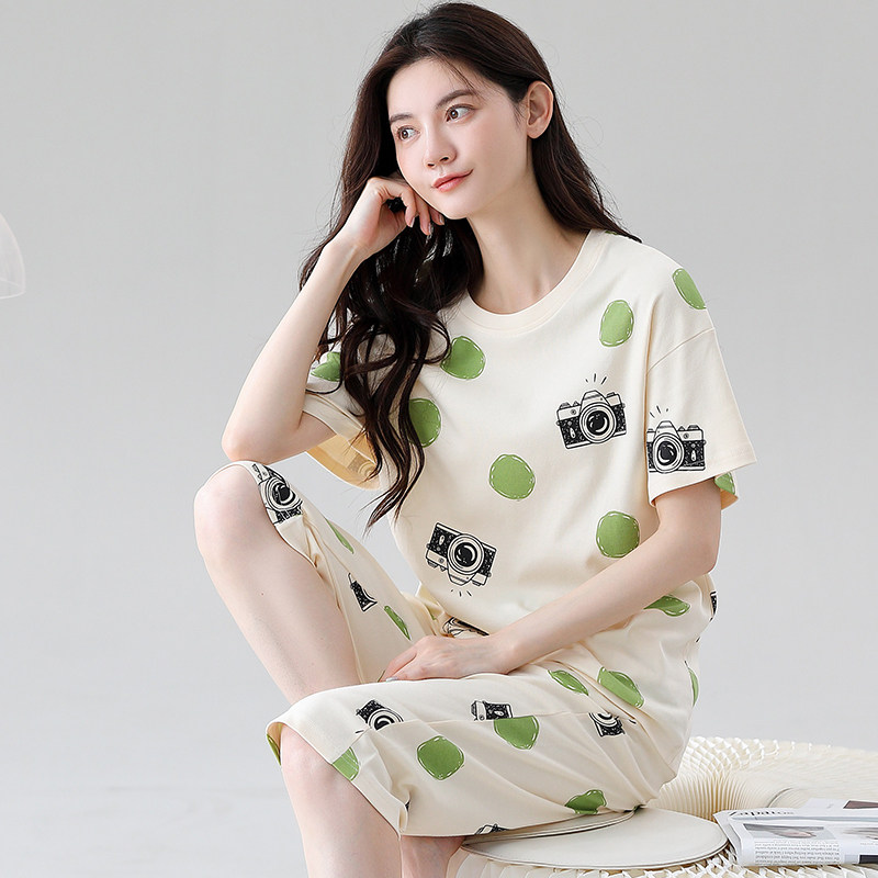 莱卡纯棉短袖睡衣女夏季七分裤薄款弹力爽棉休闲家居服套装可外穿