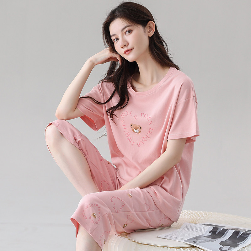 弹力爽棉短袖睡衣女夏季七分裤薄款莱卡纯棉休闲家居服套装可外穿