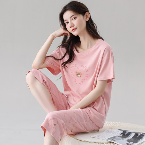 弹力爽棉短袖睡衣女夏季七分裤薄款莱卡纯棉休闲家居服套装可外穿
