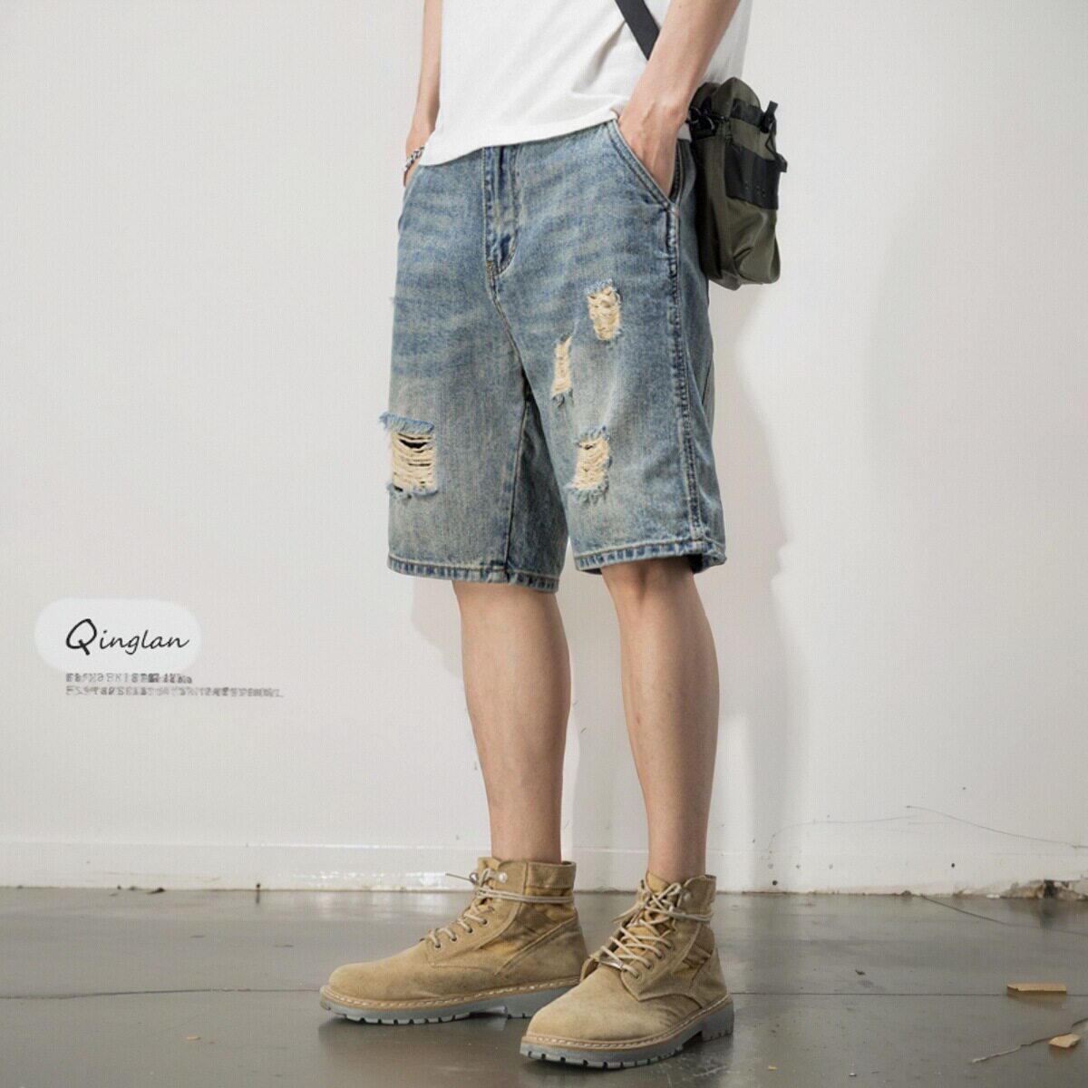美式休闲复古乞丐破洞牛仔短裤男宽松潮流痞帅五分裤夏季薄款中裤