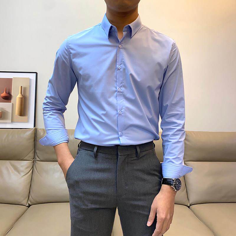 春季新款简约纯色商务休闲 长袖衬衫男修身韩版青年帅气免熨烫衬
