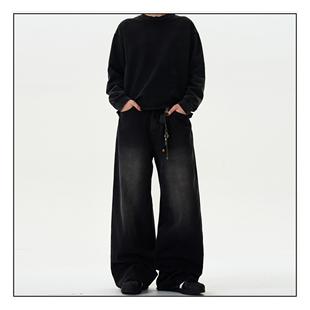 MADWITCH复古水洗bootcut牛仔裤男女宽松休闲阔腿直筒黑色裤子ins