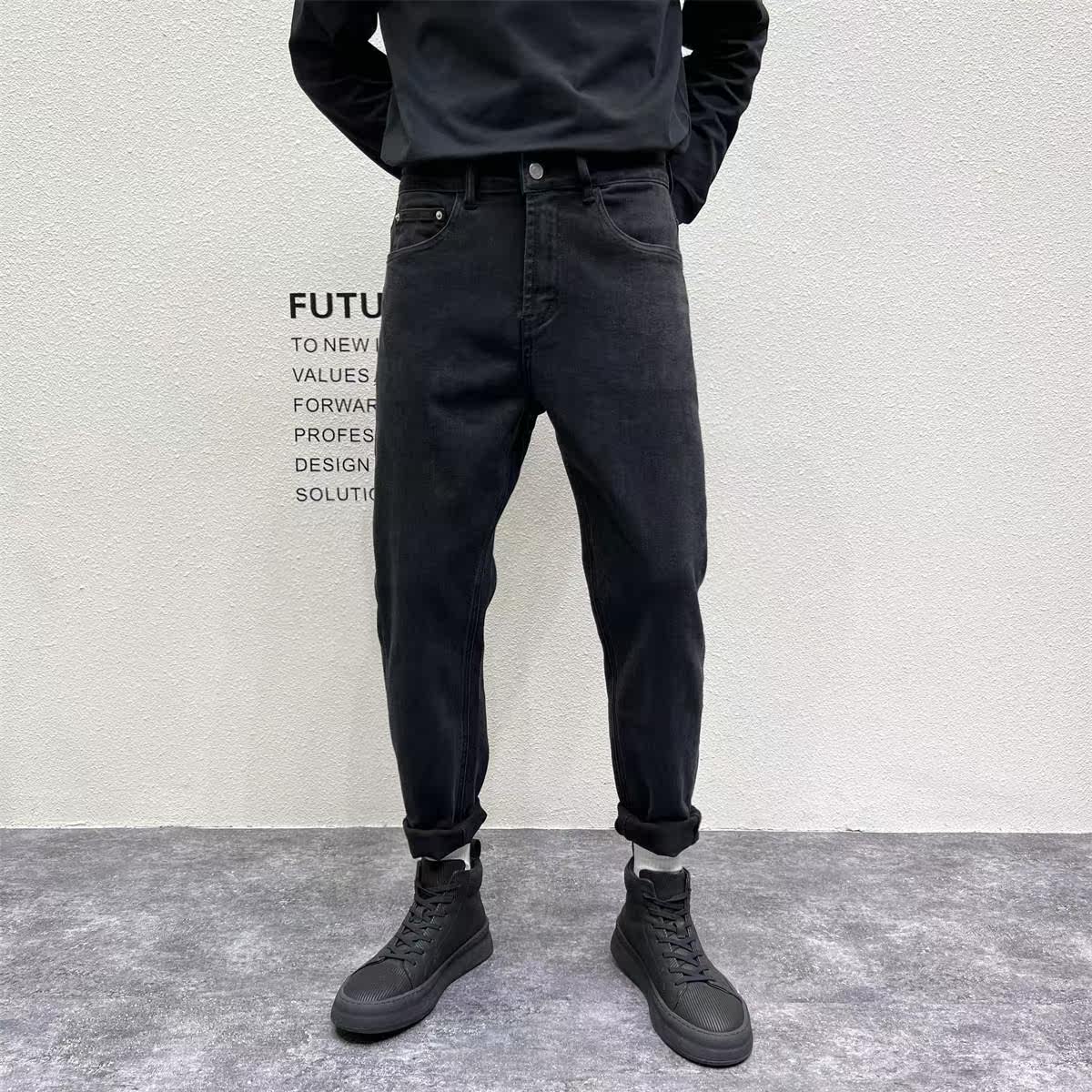 JIDERE高品质感经典黑色牛仔裤男春季修身小直脚型男痞帅显瘦长裤