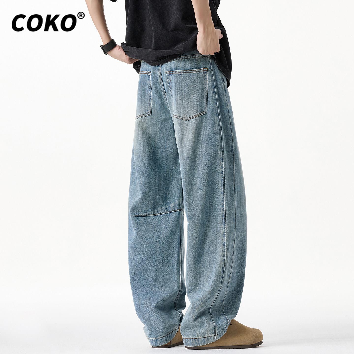 COKO纯棉阔腿弯刀牛仔裤男宽松直筒夏季水洗复古怀旧潮流痞帅裤子