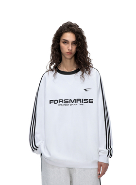 FDR 国潮字母条纹印花圆领卫衣男女春秋季美式高街情侣装织带上衣