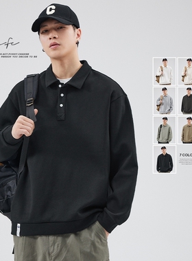 FAFC春秋季重磅长袖polo衫男款潮牌日系宽松休闲内搭翻领T恤卫衣