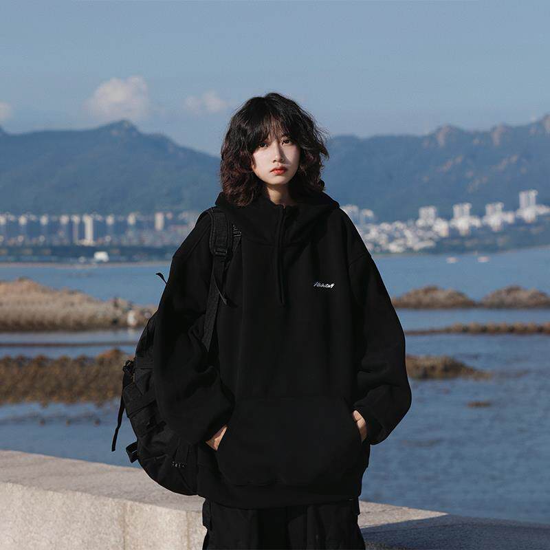 阿于呆日系复古原创重磅400g半拉链连帽卫衣男宽松加绒加厚外套女