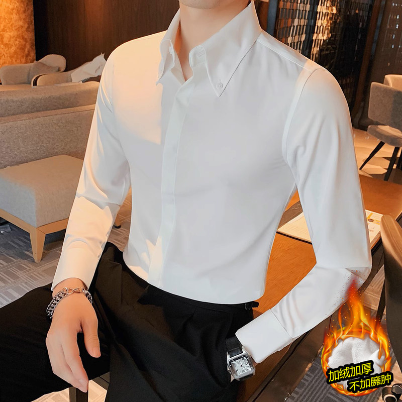 春秋新款白衬衫男长袖正装修身高级感暗扣法式大尖领商务休闲衬衣
