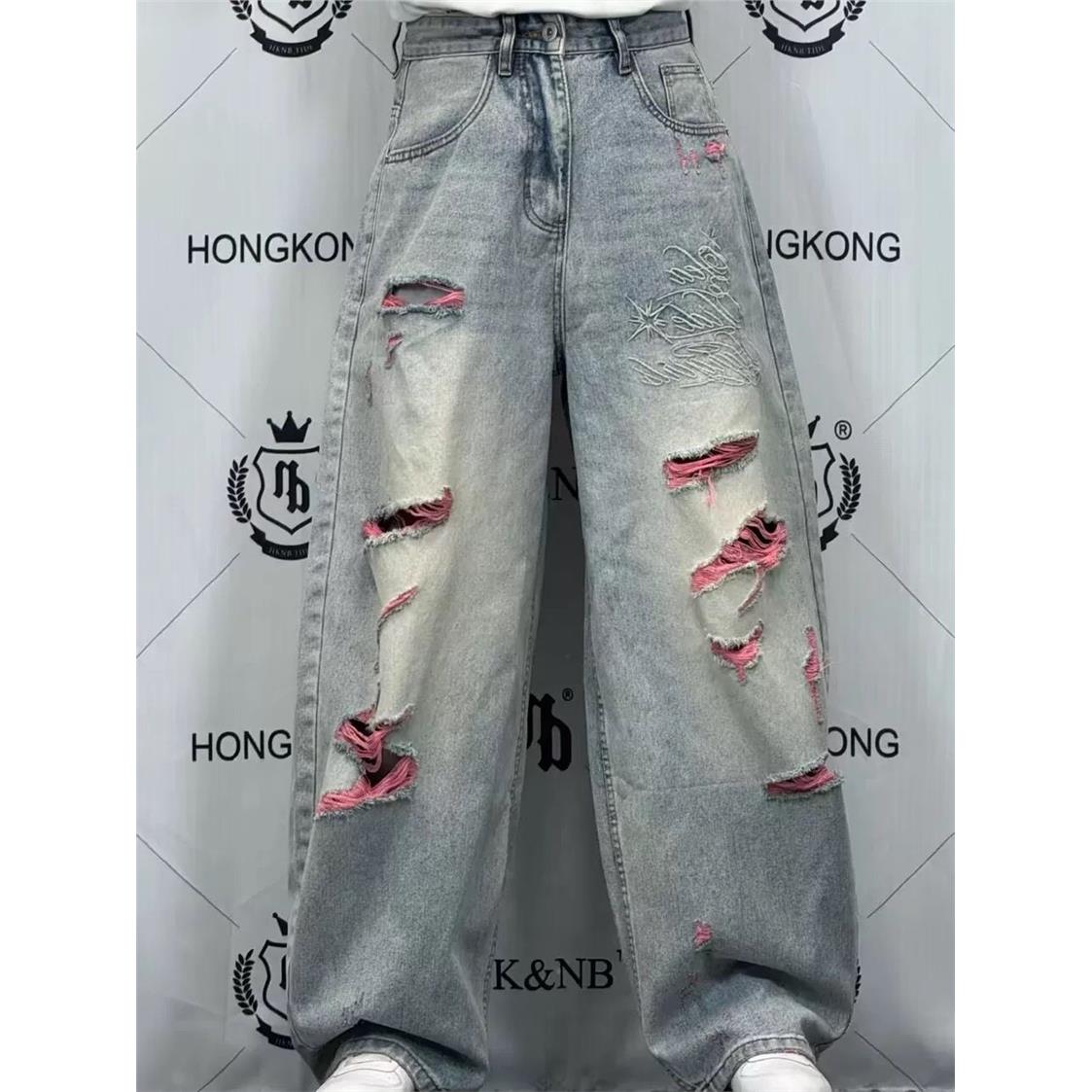 高街个性刺绣牛仔裤男宽