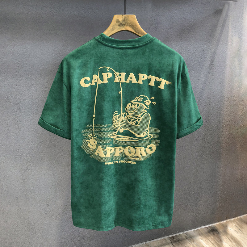 高端复古卡通发泡印花重磅纯棉短袖T恤男士衣服夏季美式半袖体恤