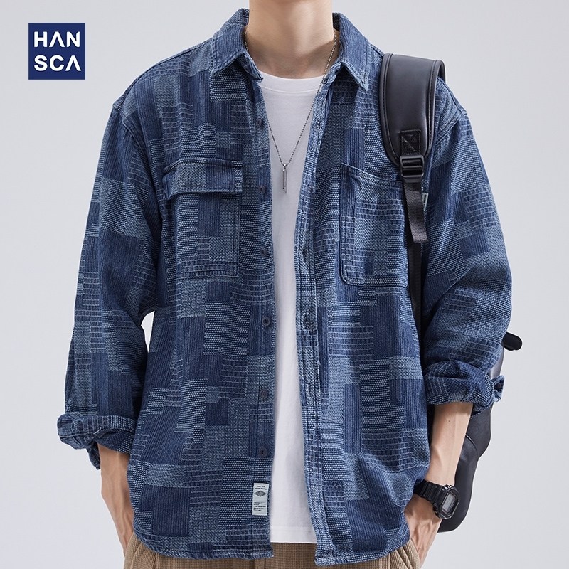 hansca工装衬衫男长袖2025秋冬季宽松潮牌翻领痞帅牛仔衬衣外套