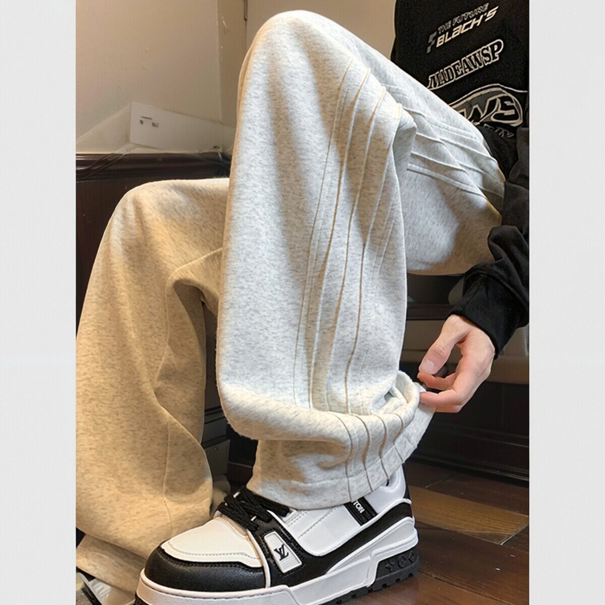 潮牌百搭运动卫裤男夏季美式复古灰色阔腿裤子青少年垂感休闲裤潮