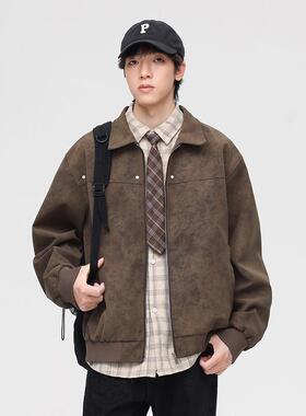 AWRB美式复古翻领皮衣男春秋季新款潮牌宽松百搭潮流夹克休闲外套