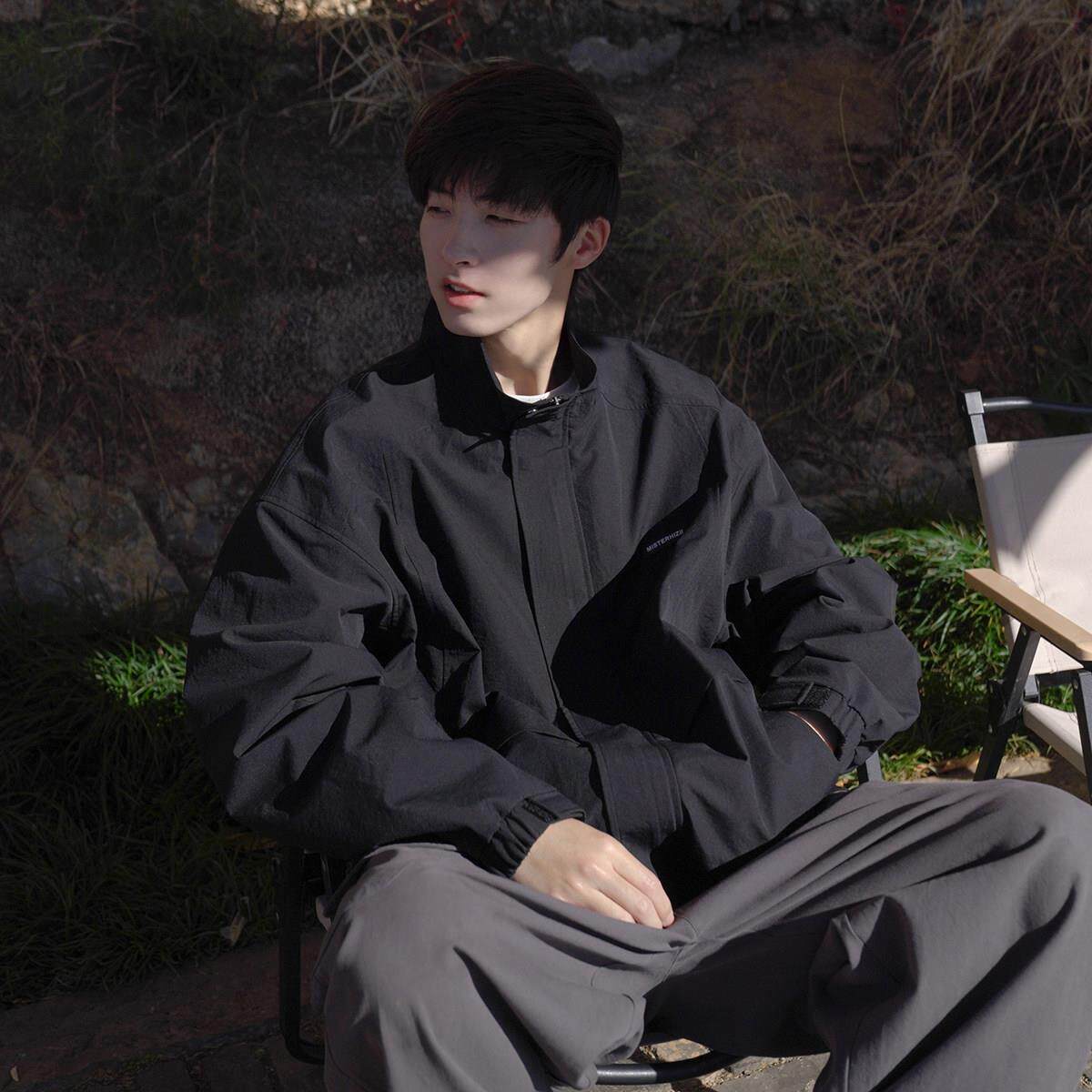 GOGOSOON春秋新款夹克外套男生立领开 春季穿搭上衣服学生休闲 黑
