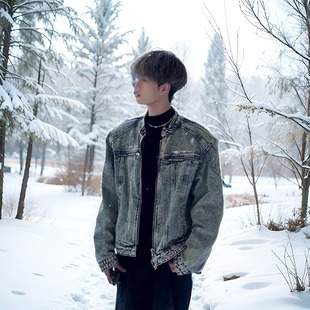 美式短款牛仔外套男高级感痞帅发型师潮牌男装垫肩立领牛仔衣夹克
