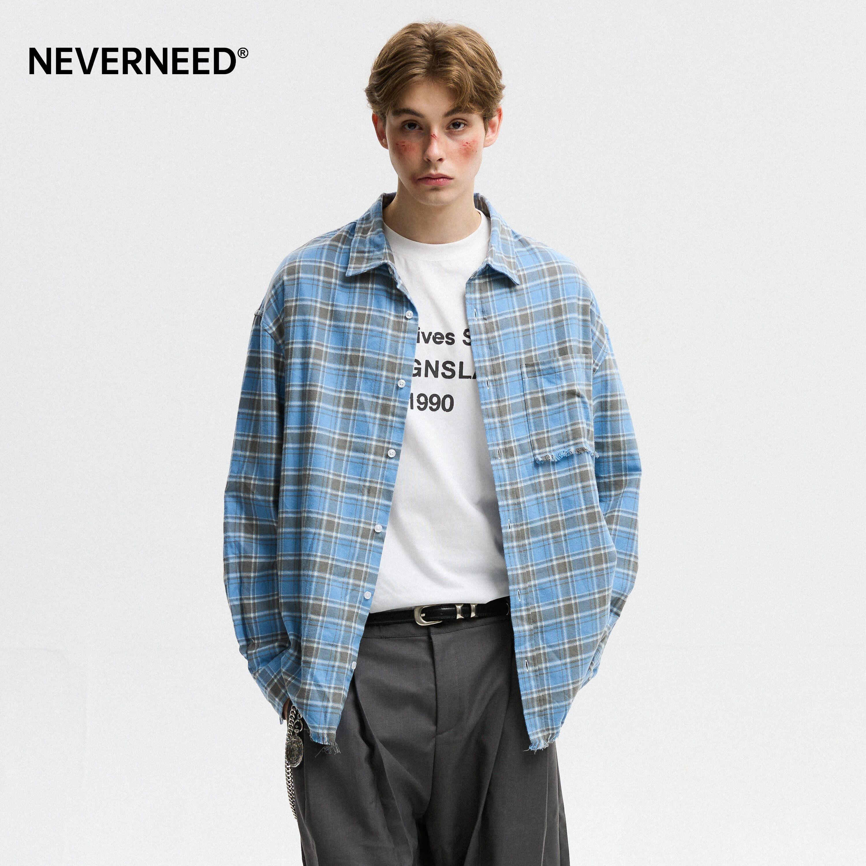 NEVERD纯棉毛边格子衬衫